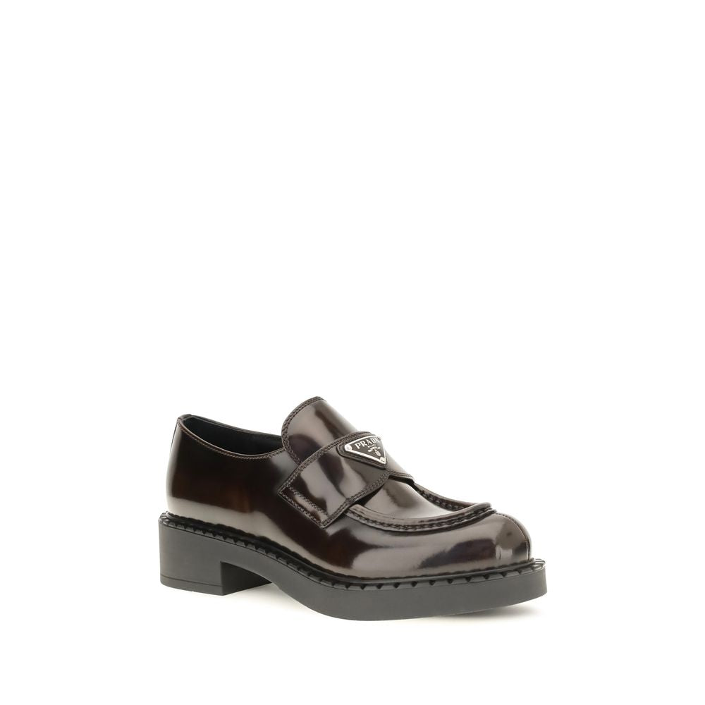Prada Brown Calfskin Polished-Logo Loafers – Round Toe, Low Block Heel, AW26, Italian