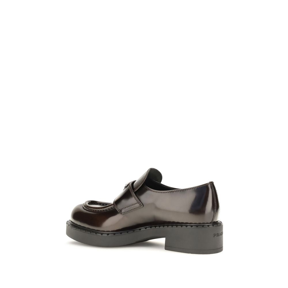 Prada Brown Calfskin Polished-Logo Loafers – Round Toe, Low Block Heel, AW26, Italian