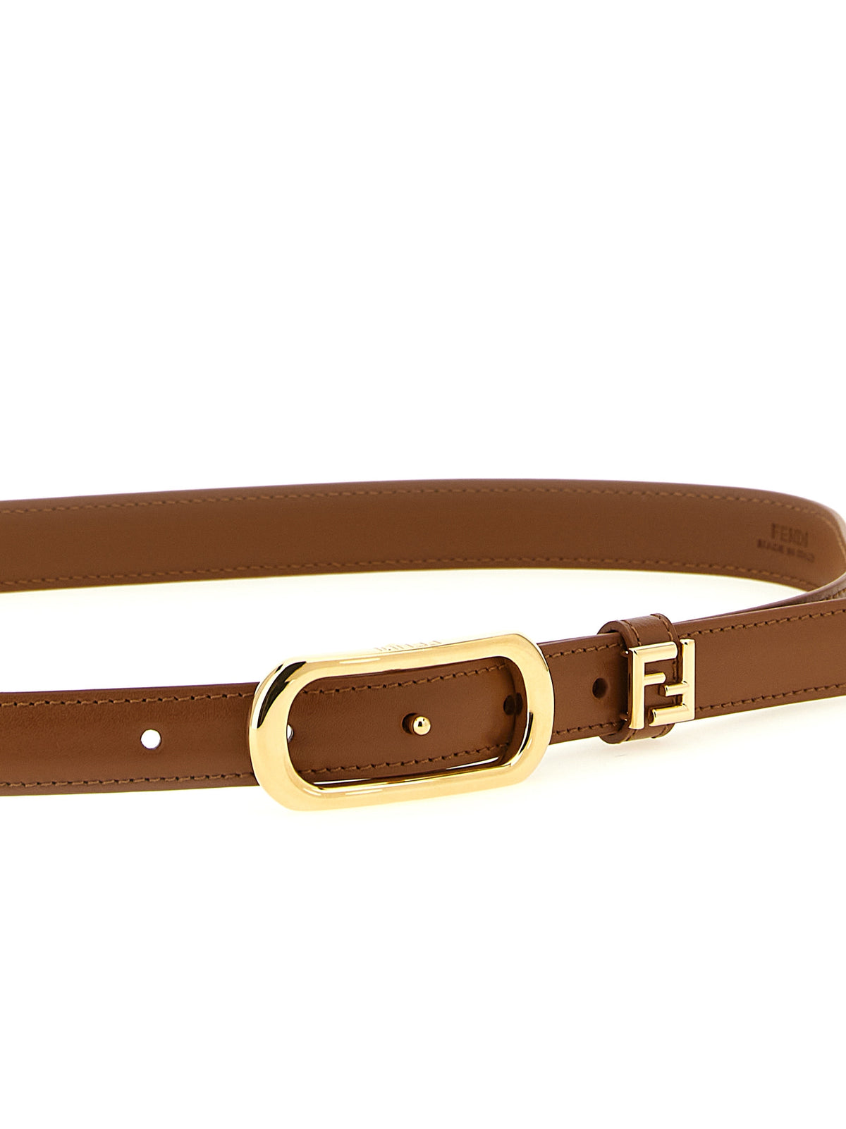 Fendi Brown Calfskin Belt – Oval Gold Buckle, FF Logo, Italian