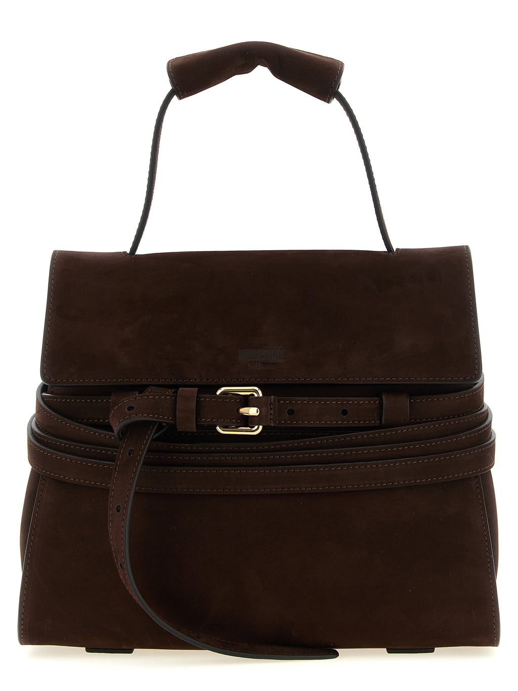 Moschino Brown Calfskin Bag – 'Tie Me', Nubuck, Belt Detail, Gold Buckle, 'Moschino Milano' Logo, Italian