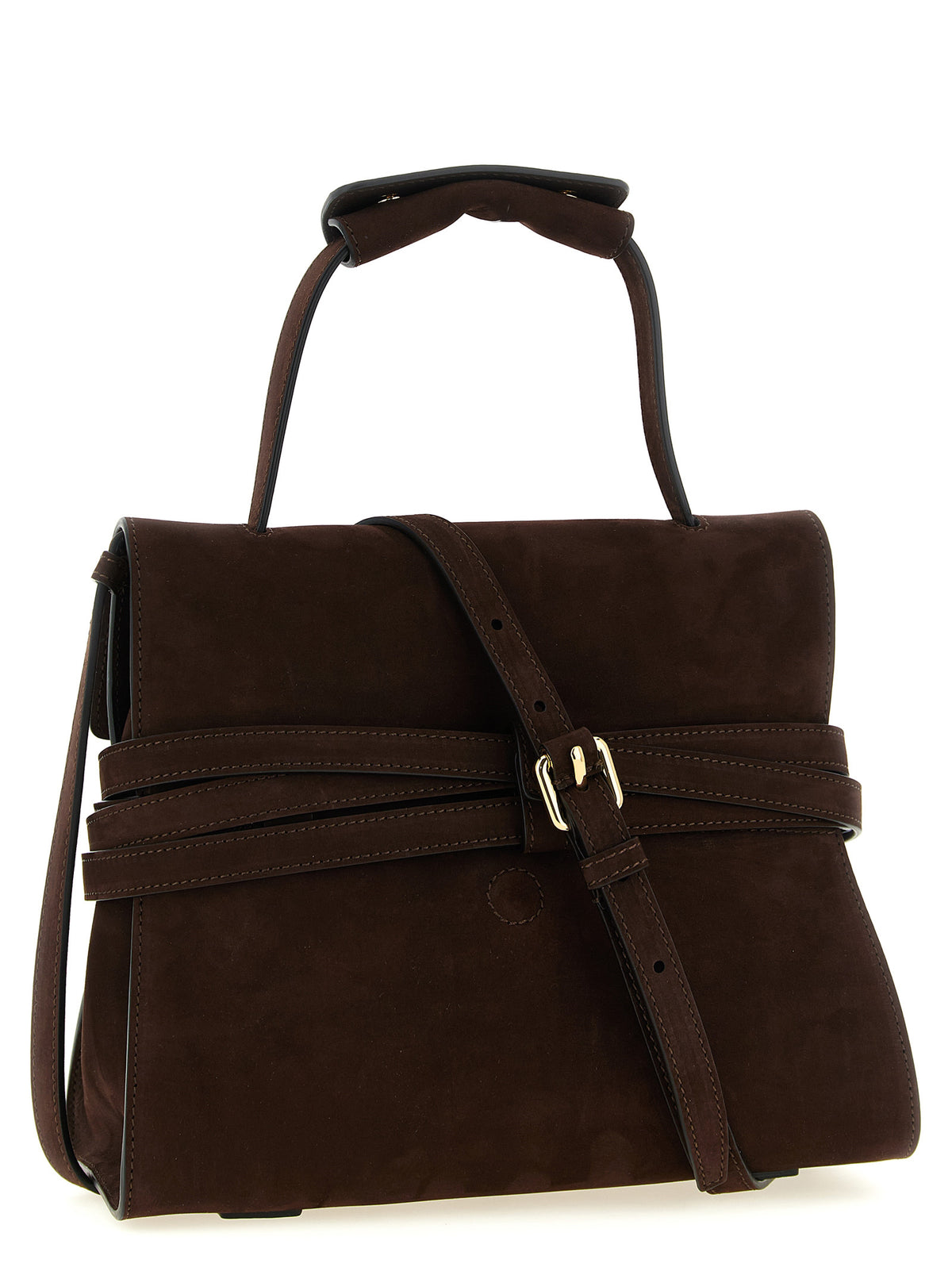 Moschino Brown Calfskin Bag – 'Tie Me', Nubuck, Belt Detail, Gold Buckle, 'Moschino Milano' Logo, Italian
