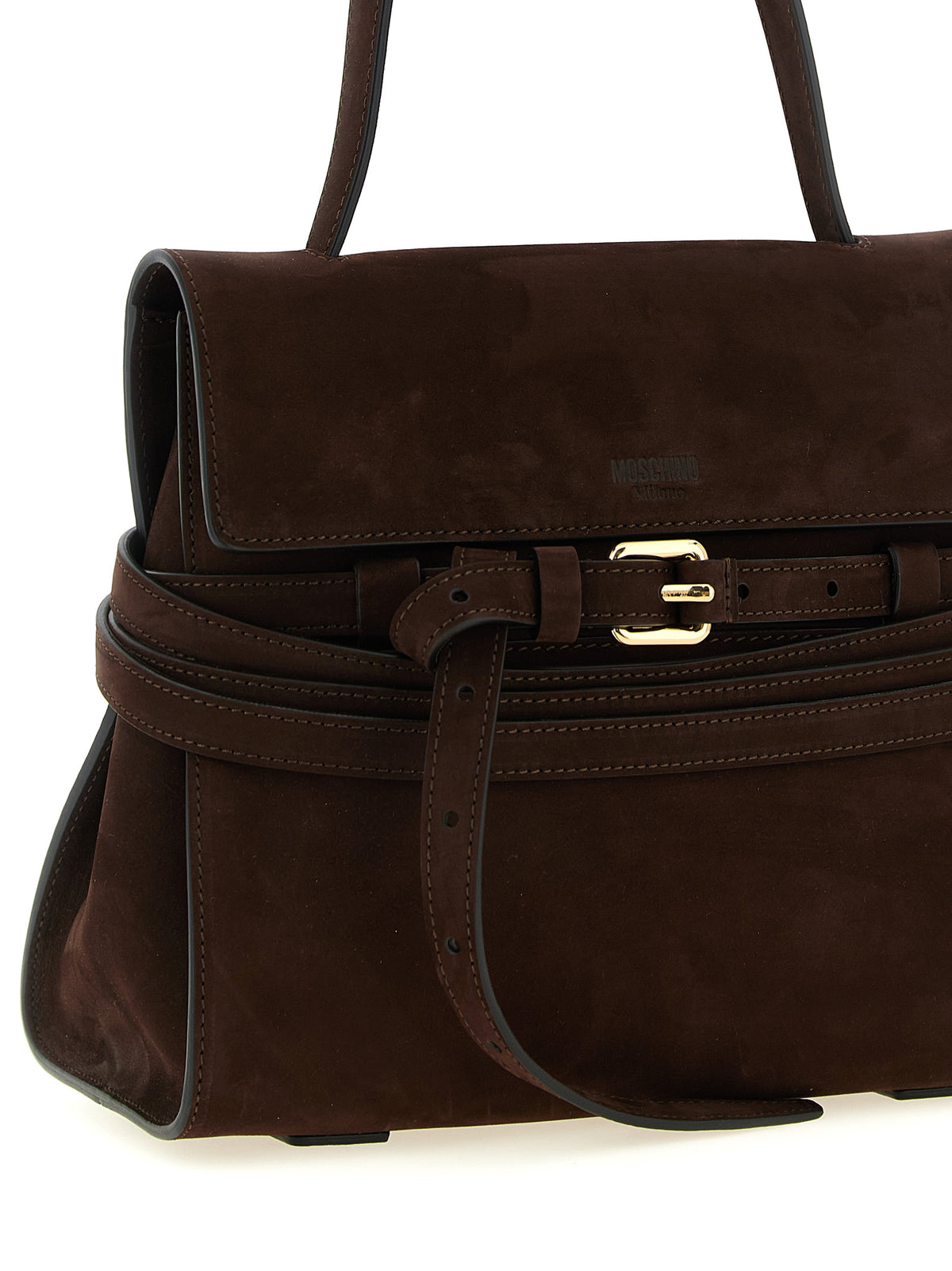 Moschino Brown Calfskin Bag – 'Tie Me', Nubuck, Belt Detail, Gold Buckle, 'Moschino Milano' Logo, Italian