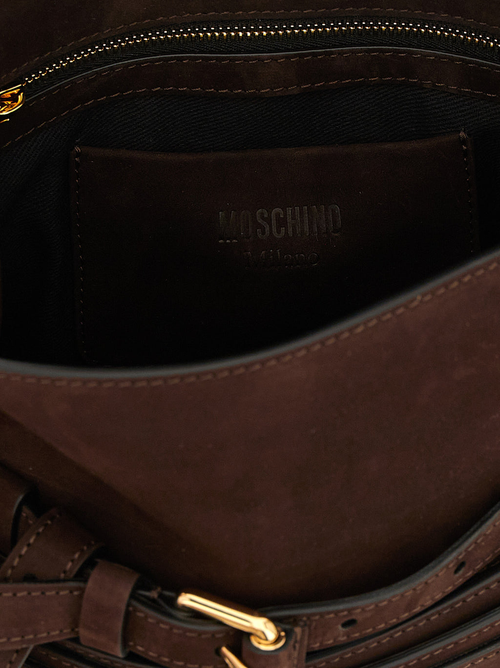 Moschino Brown Calfskin Bag – 'Tie Me', Nubuck, Belt Detail, Gold Buckle, 'Moschino Milano' Logo, Italian