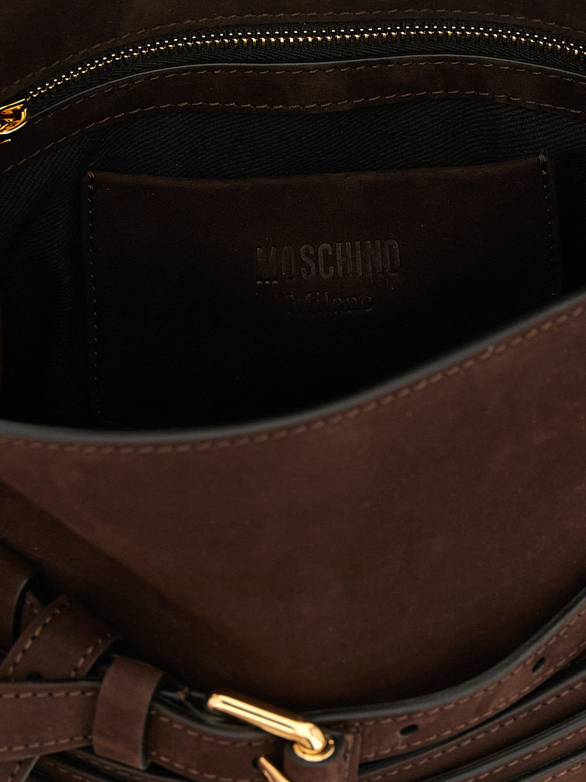 Moschino Brown Calfskin Bag – 'Tie Me', Nubuck, Belt Detail, Gold Buckle, 'Moschino Milano' Logo, Italian