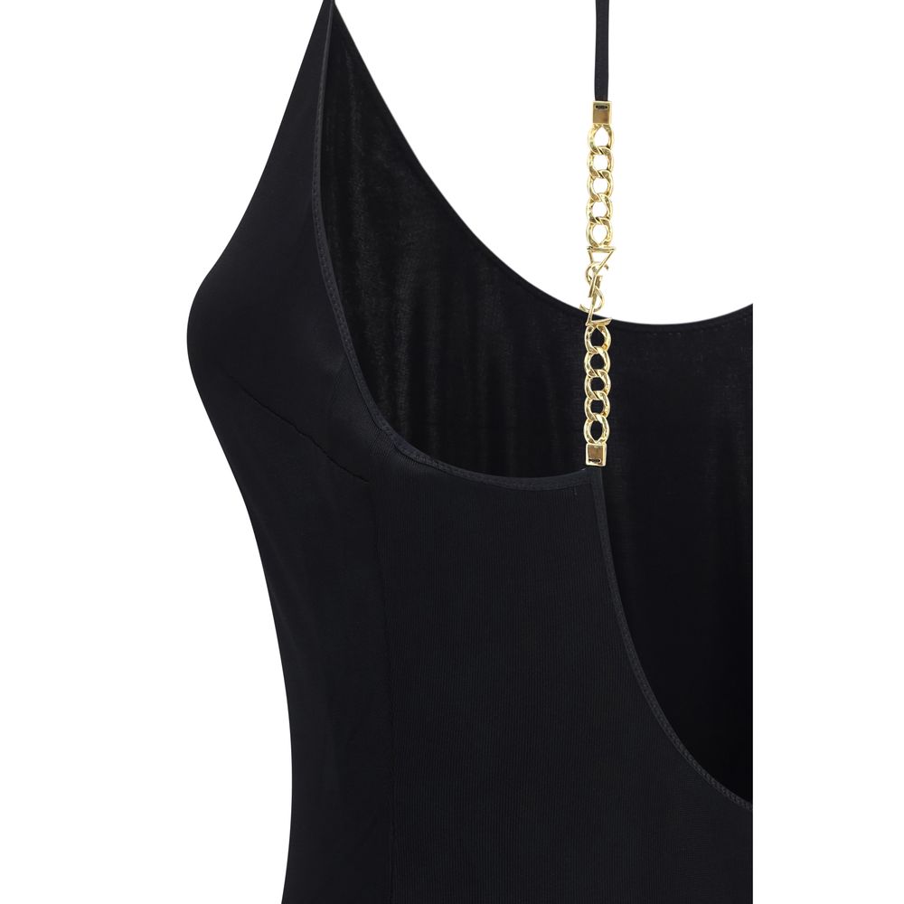 Saint Laurent Black 97% Viscose Knitted Maxi Dress – Open Back, Cassandre Chain, Thin Straps, AW26