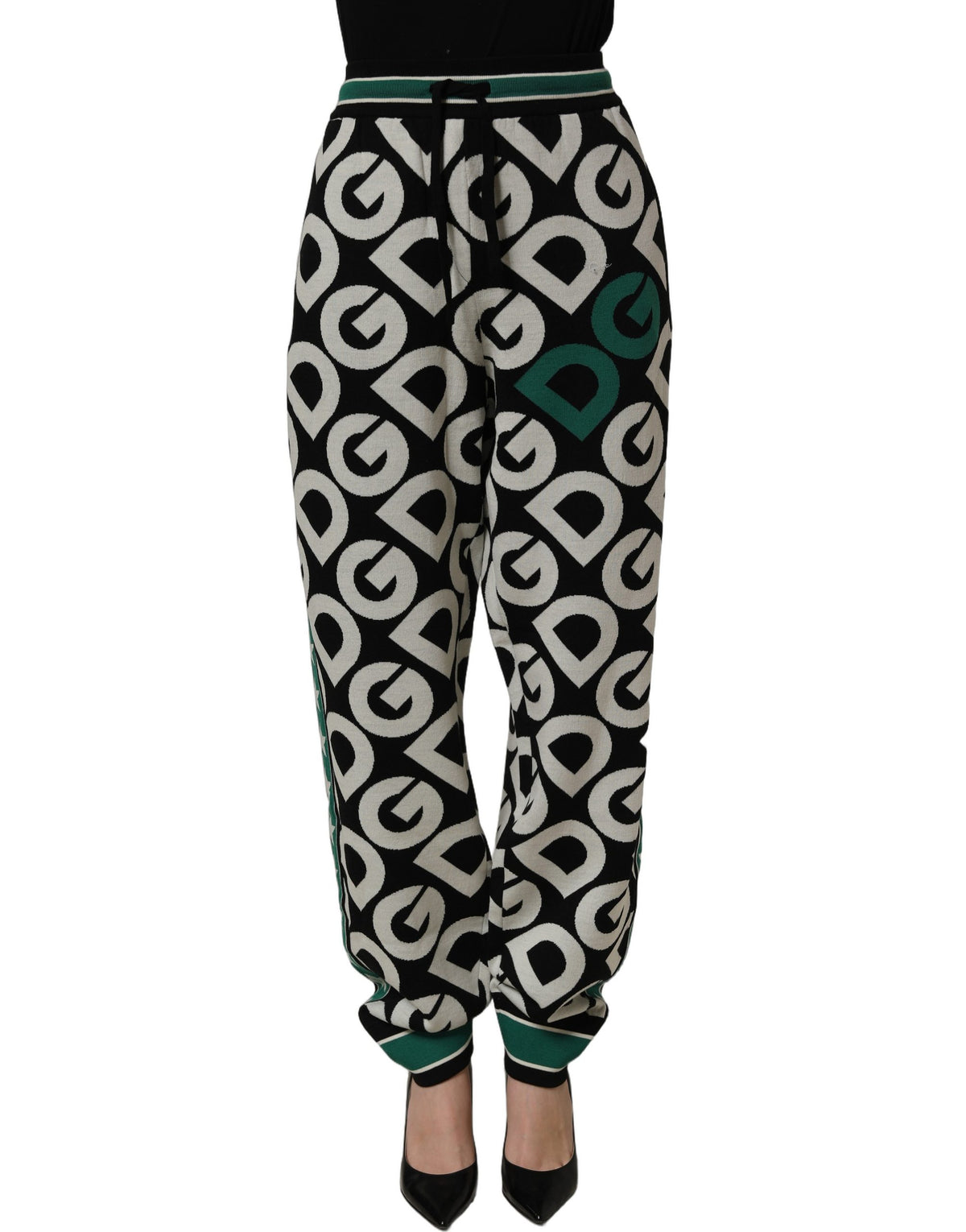 Dolce & Gabbana Black Virgin Wool Monogram Logo Jogger Trousers – Virgin Wool, Green Stripe, Elasticated Waist, Italian