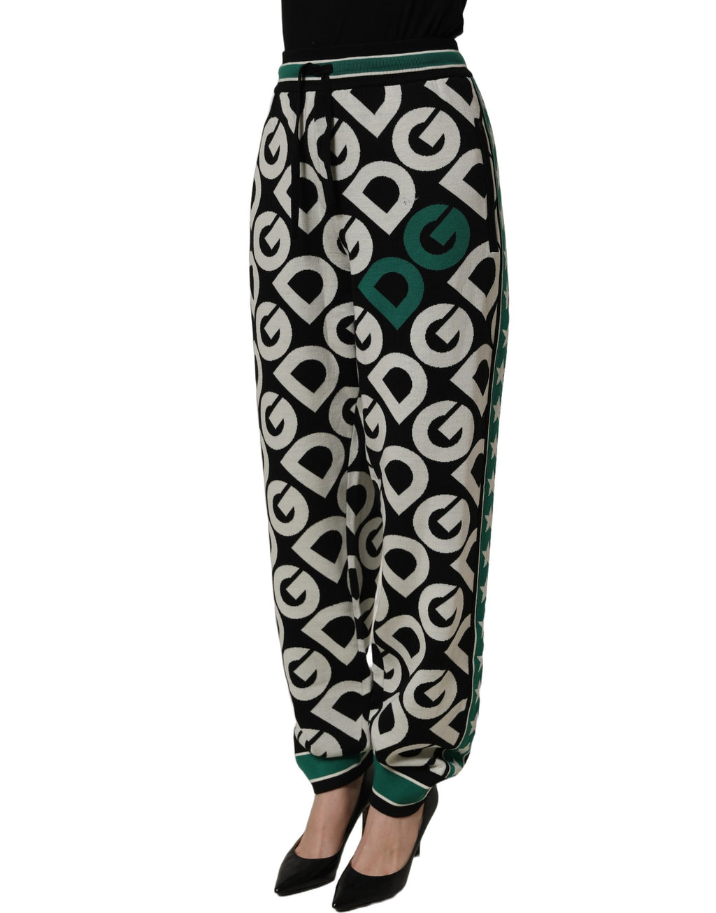 Dolce & Gabbana Black Virgin Wool Monogram Logo Jogger Trousers – Virgin Wool, Green Stripe, Elasticated Waist, Italian