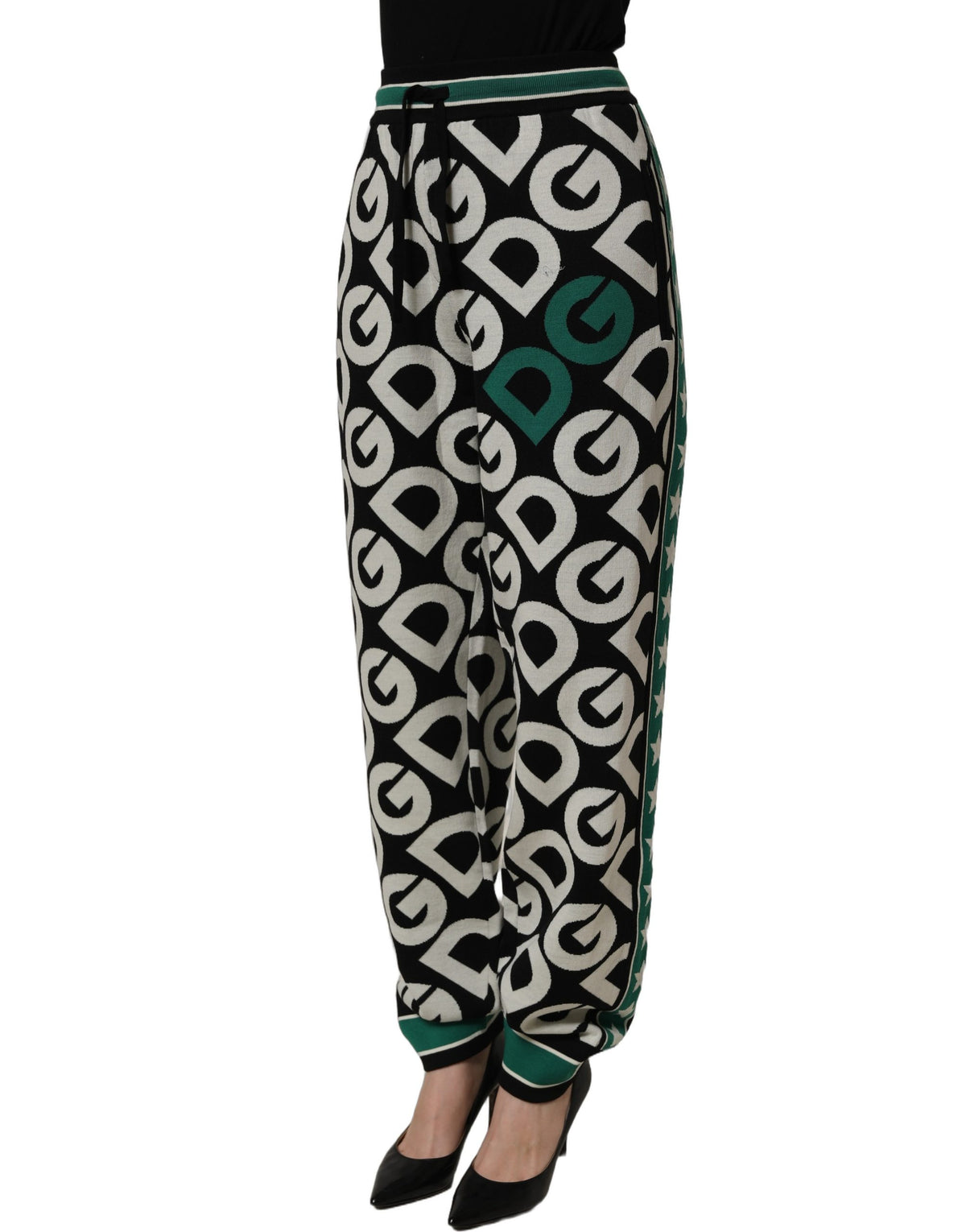 Dolce & Gabbana Black Virgin Wool Monogram Logo Jogger Trousers – Virgin Wool, Green Stripe, Elasticated Waist, Italian