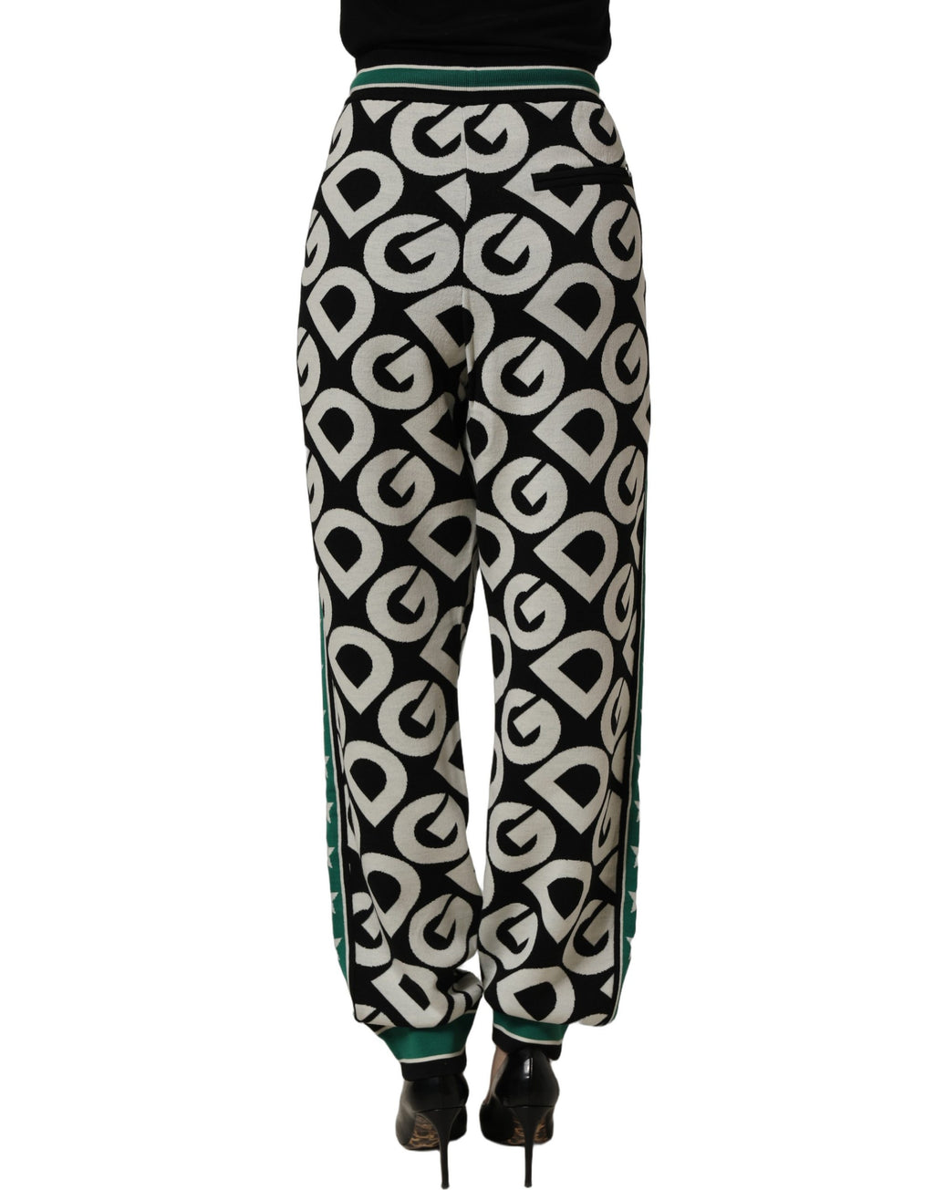 Dolce & Gabbana Black Virgin Wool Monogram Logo Jogger Trousers – Virgin Wool, Green Stripe, Elasticated Waist, Italian