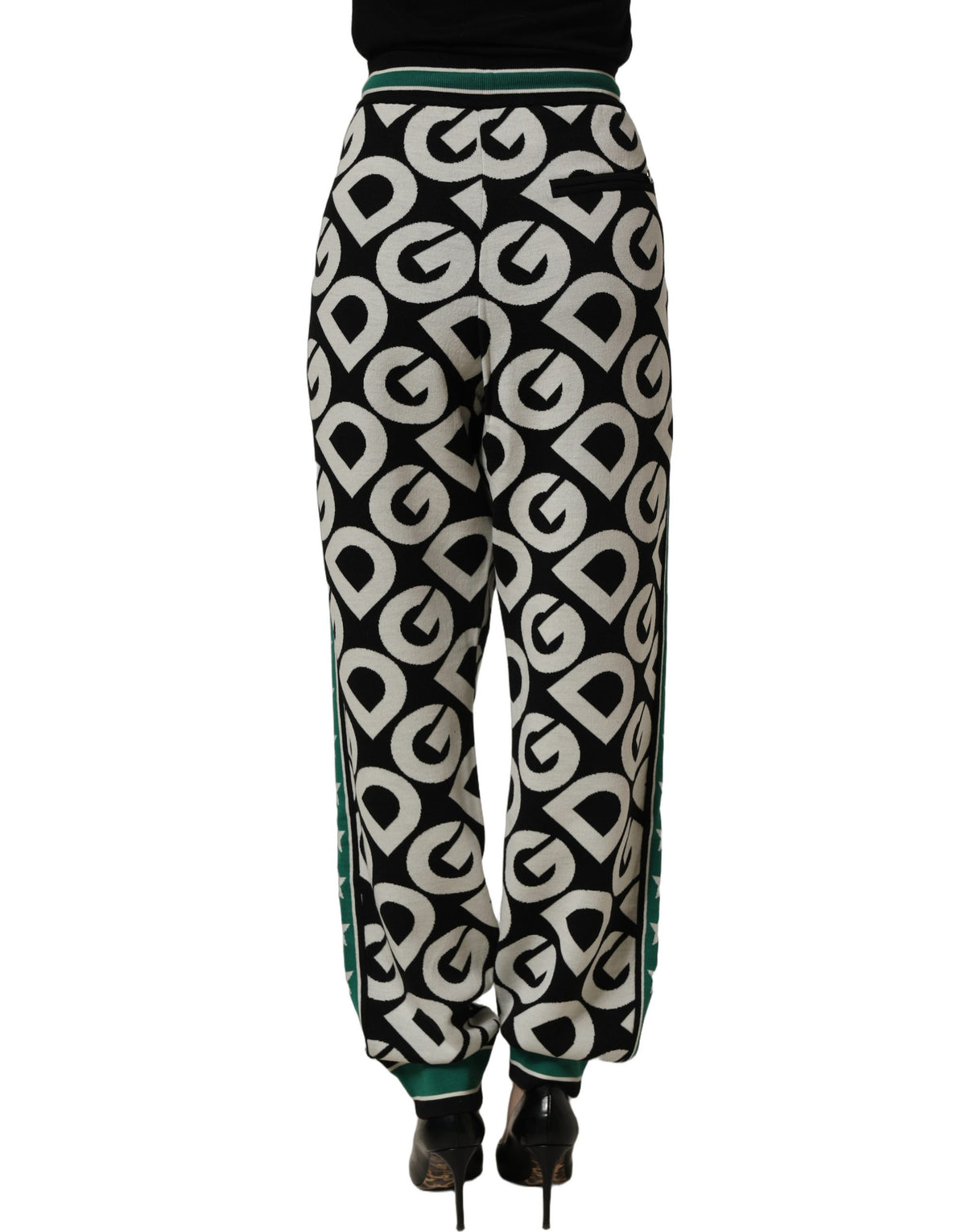 Dolce & Gabbana Black Virgin Wool Monogram Logo Jogger Trousers – Virgin Wool, Green Stripe, Elasticated Waist, Italian