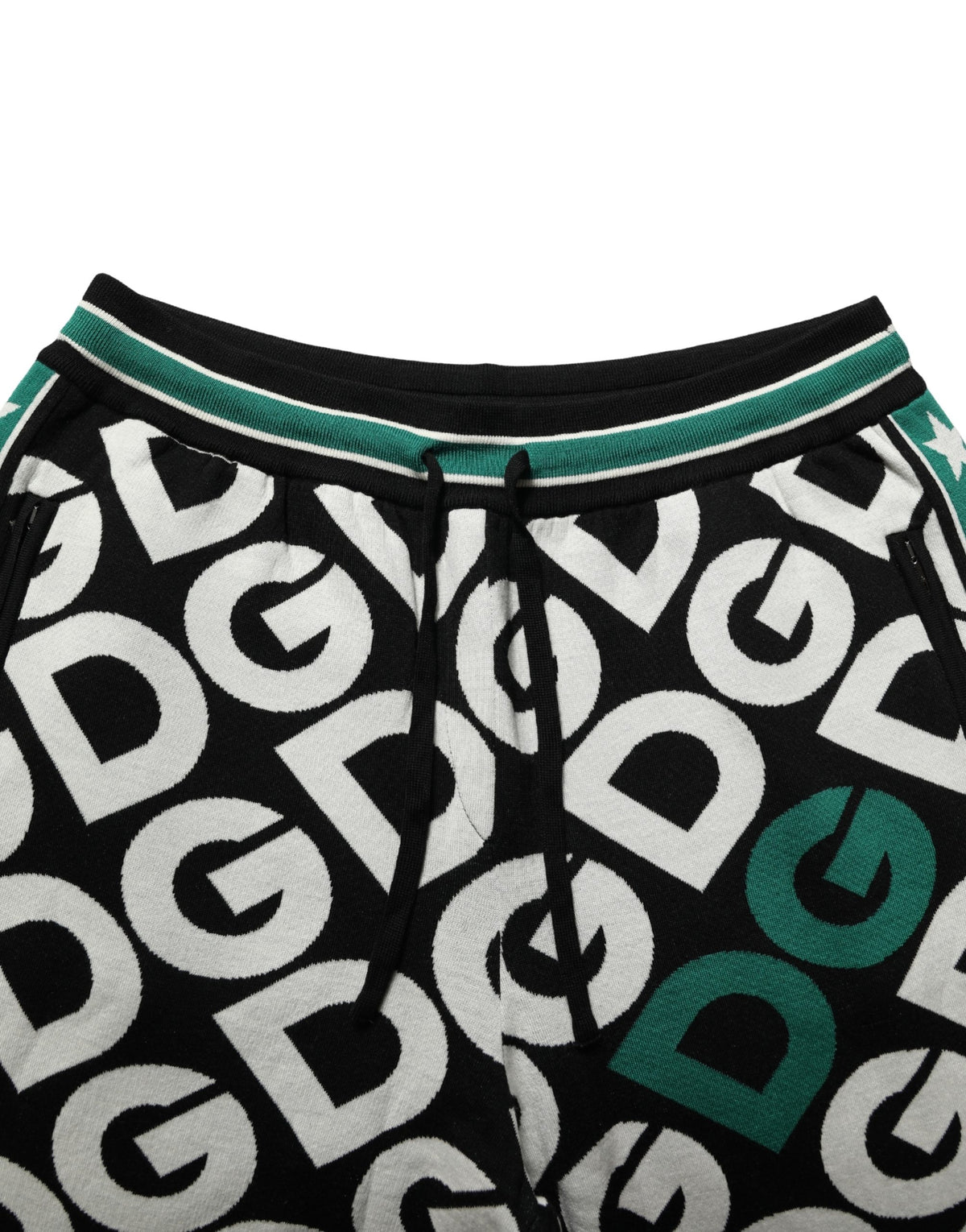 Dolce & Gabbana Black Virgin Wool Monogram Logo Jogger Trousers – Virgin Wool, Green Stripe, Elasticated Waist, Italian