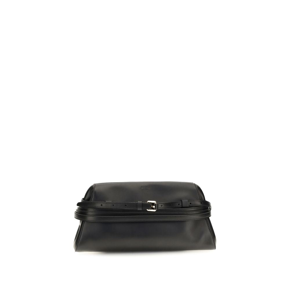 Moschino Black Goatskin Clutch Bag – Magnetic Closure, Buckled Strap, Embossed Logo, Detachable Strap