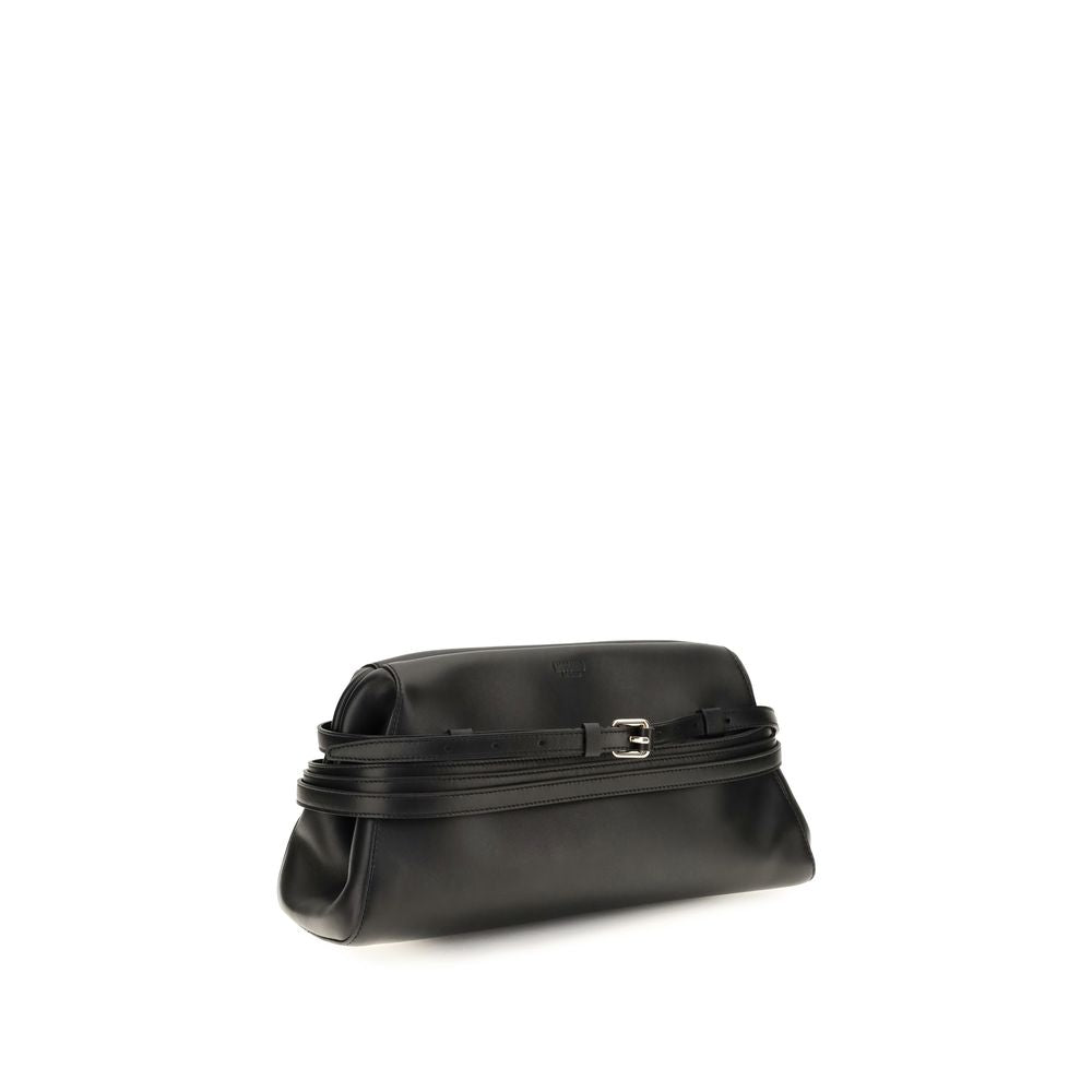Moschino Black Goatskin Clutch Bag – Magnetic Closure, Buckled Strap, Embossed Logo, Detachable Strap