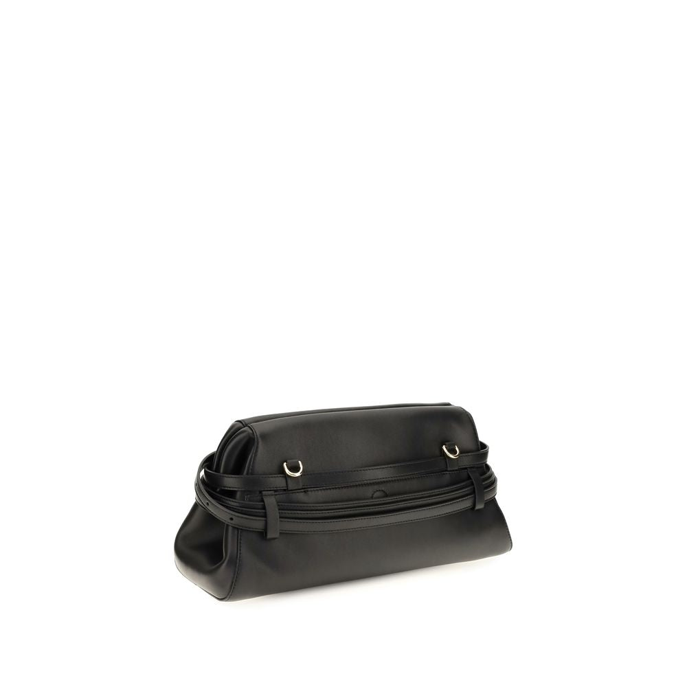 Moschino Black Goatskin Clutch Bag – Magnetic Closure, Buckled Strap, Embossed Logo, Detachable Strap