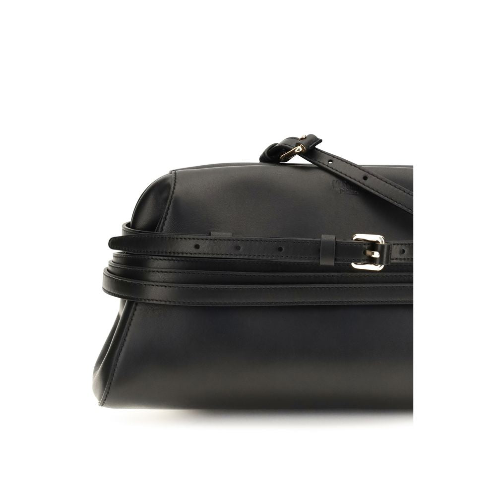 Moschino Black Goatskin Clutch Bag – Magnetic Closure, Buckled Strap, Embossed Logo, Detachable Strap