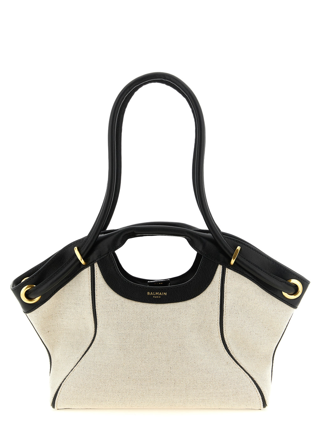 Balmain White-Black Cotton-Linen Tote Bag – 'Media', Leather Trim, Gold Eyelets, Balmain Paris Logo, Italian