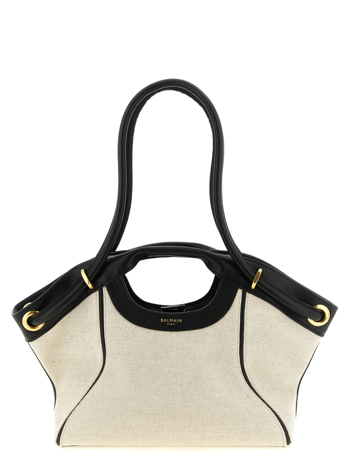 Balmain White-Black Cotton-Linen Tote Bag – 'Media', Leather Trim, Gold Eyelets, Balmain Paris Logo, Italian