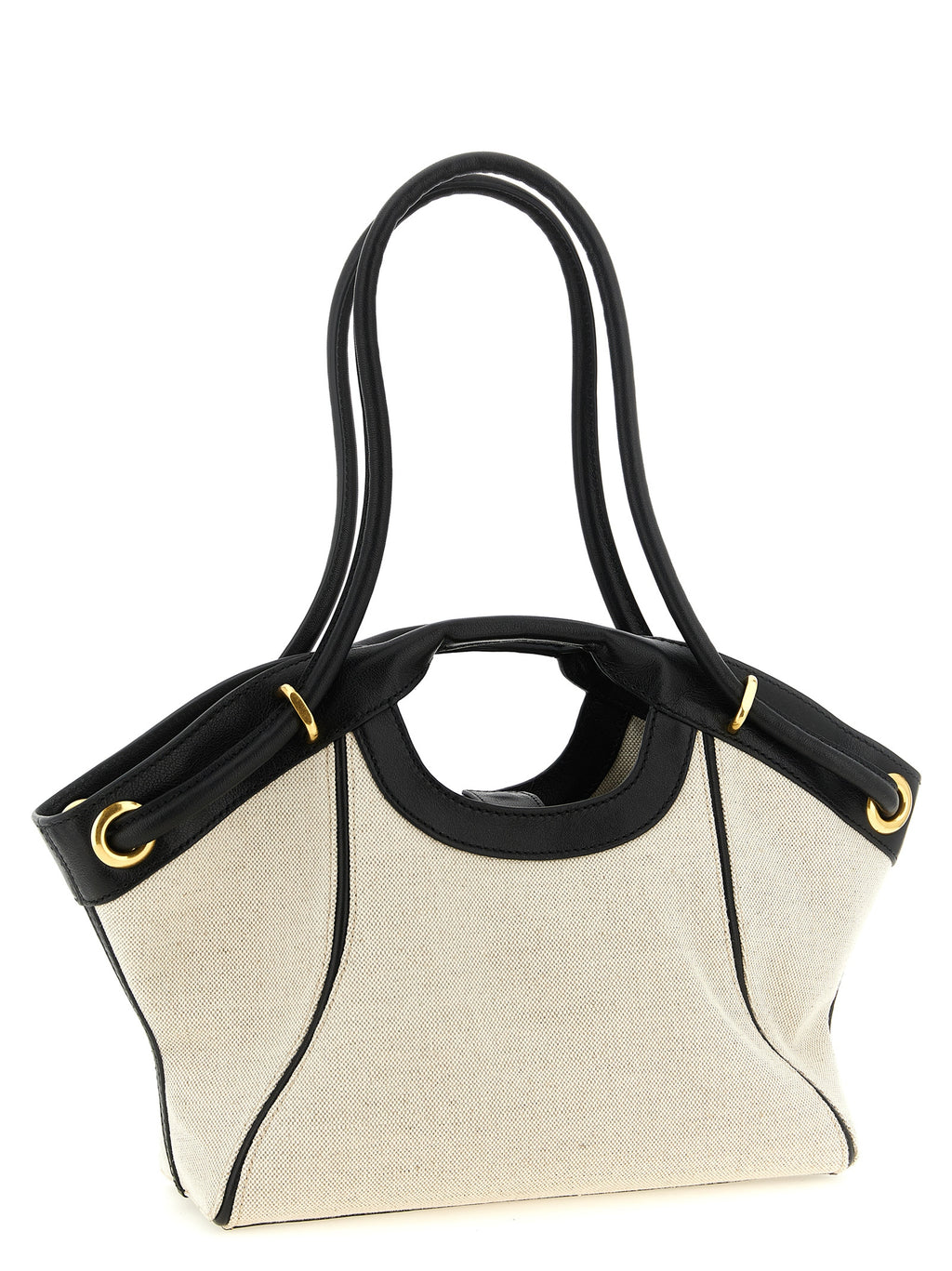 Balmain White-Black Cotton-Linen Tote Bag – 'Media', Leather Trim, Gold Eyelets, Balmain Paris Logo, Italian