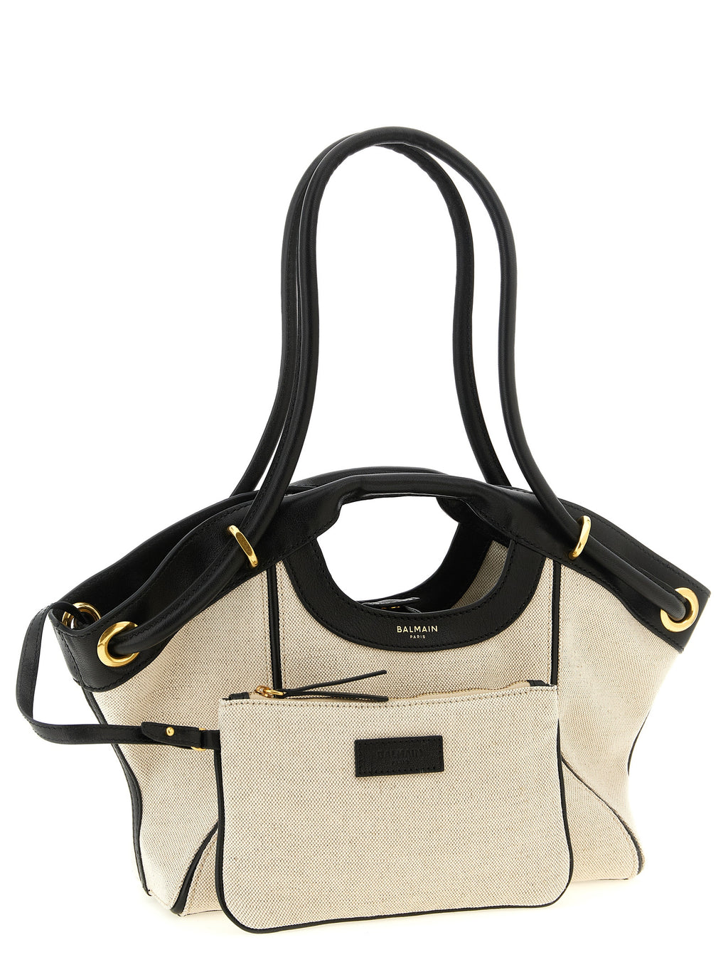Balmain White-Black Cotton-Linen Tote Bag – 'Media', Leather Trim, Gold Eyelets, Balmain Paris Logo, Italian