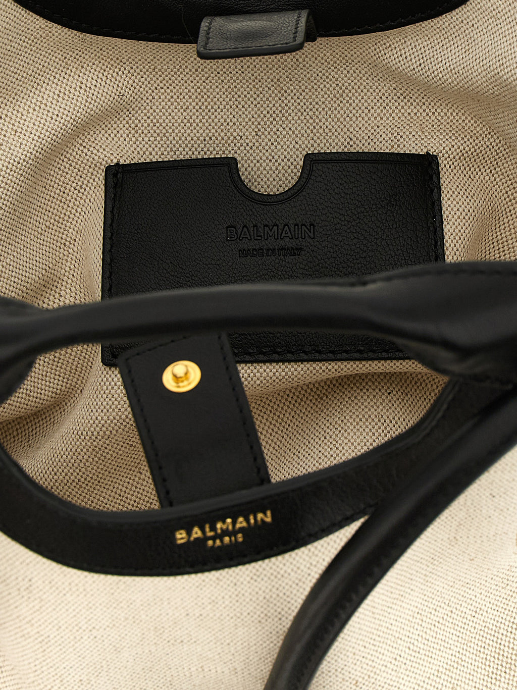 Balmain White-Black Cotton-Linen Tote Bag – 'Media', Leather Trim, Gold Eyelets, Balmain Paris Logo, Italian