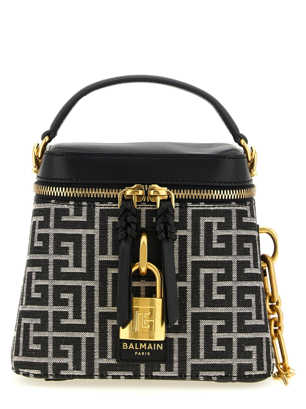 Balmain White-Black Jacquard Bag – 'Pulse Vanity', Labyrinth Monogram, Gold Clasp, Leather Trim, Italian