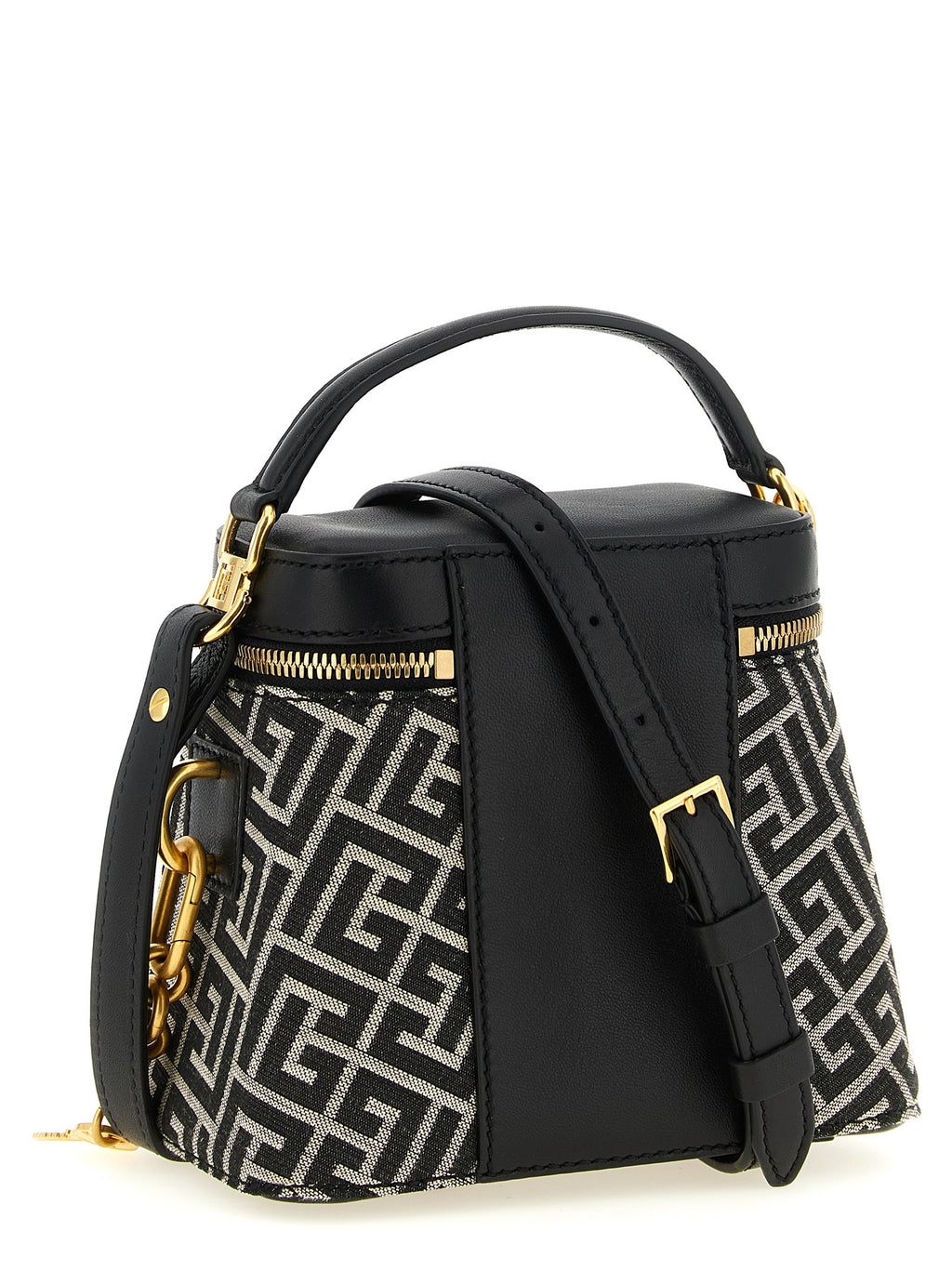 Balmain White-Black Jacquard Bag – 'Pulse Vanity', Labyrinth Monogram, Gold Clasp, Leather Trim, Italian