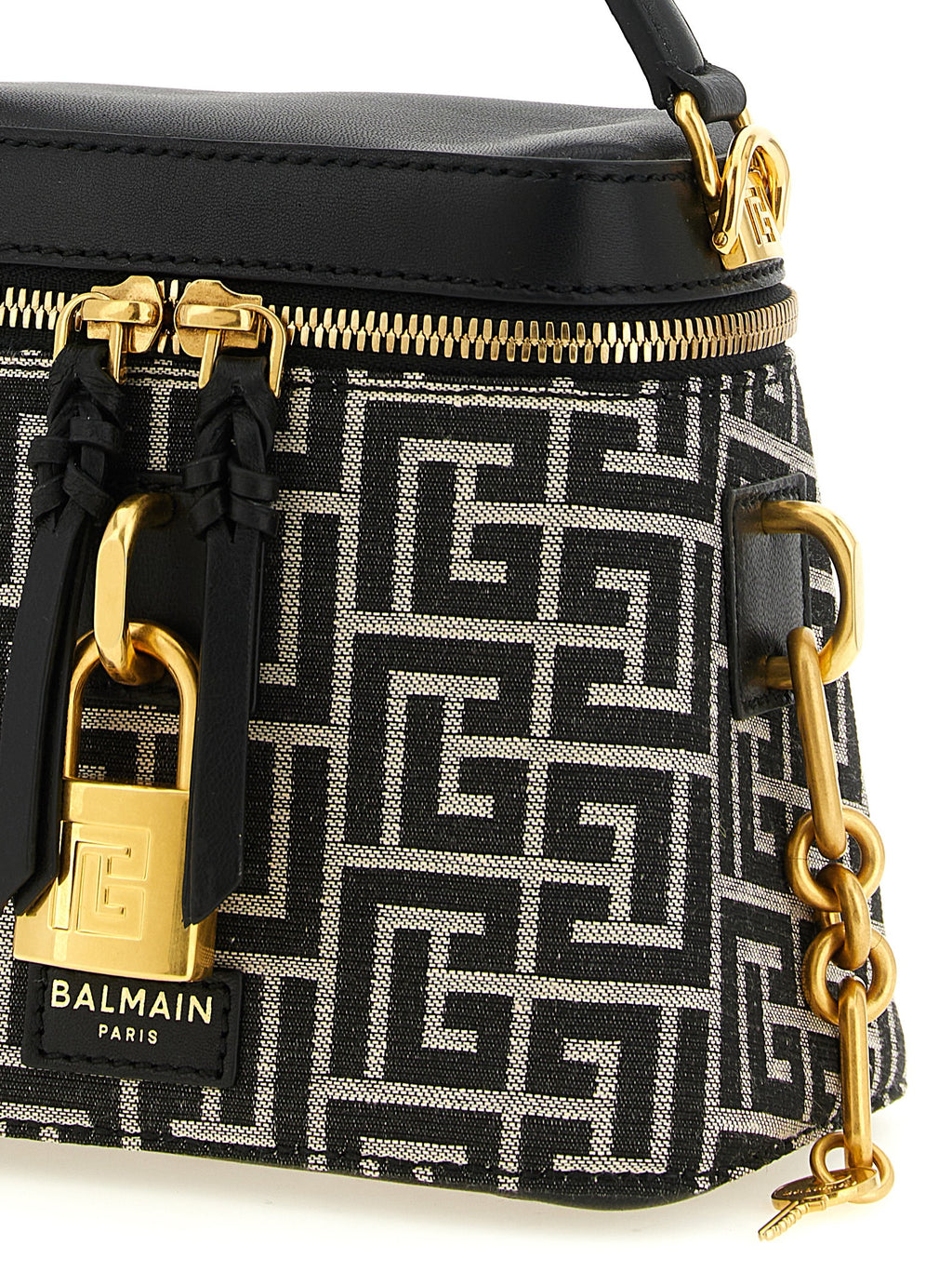 Balmain White-Black Jacquard Bag – 'Pulse Vanity', Labyrinth Monogram, Gold Clasp, Leather Trim, Italian