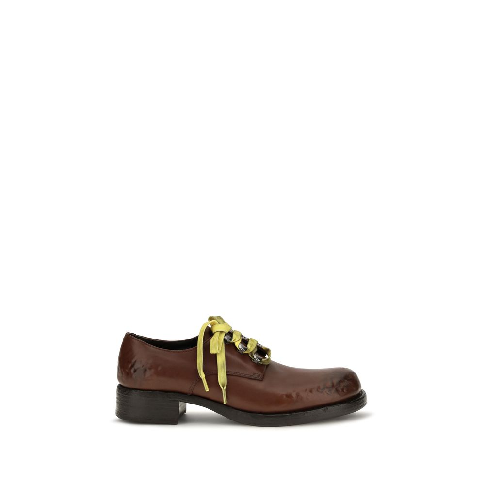 Prada Brown Calfskin Antique Lace-Up Loafers – Metal Rings, Leather Sole, 35 mm Heel, AW26, Italy