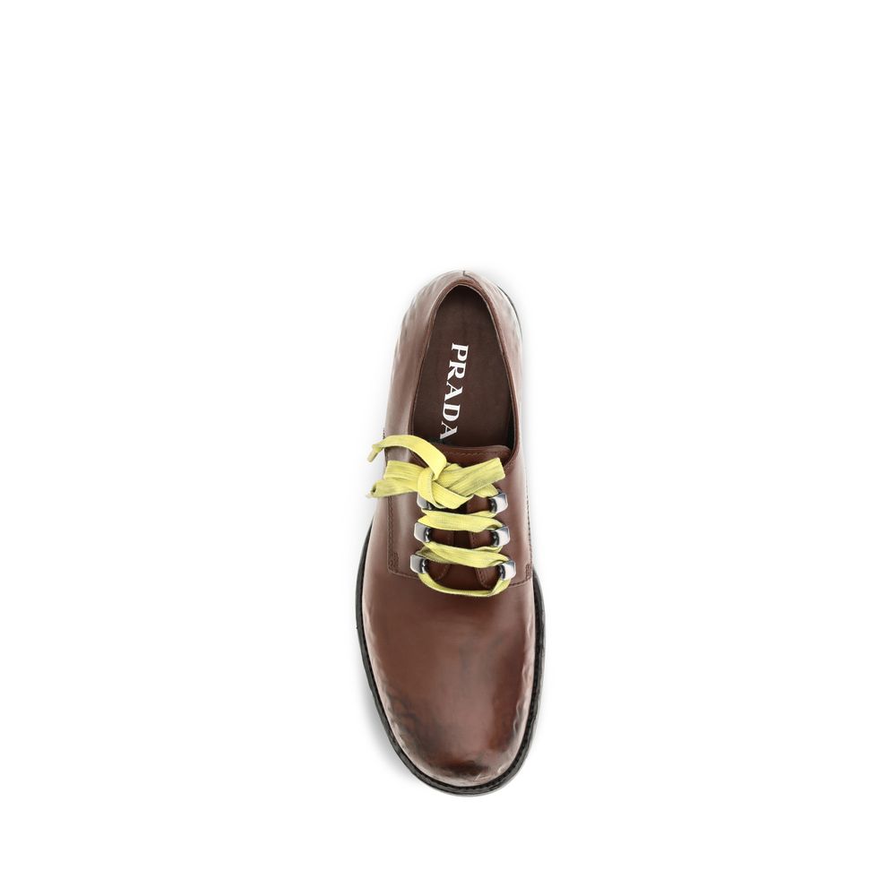 Prada Brown Calfskin Antique Lace-Up Loafers – Metal Rings, Leather Sole, 35 mm Heel, AW26, Italy