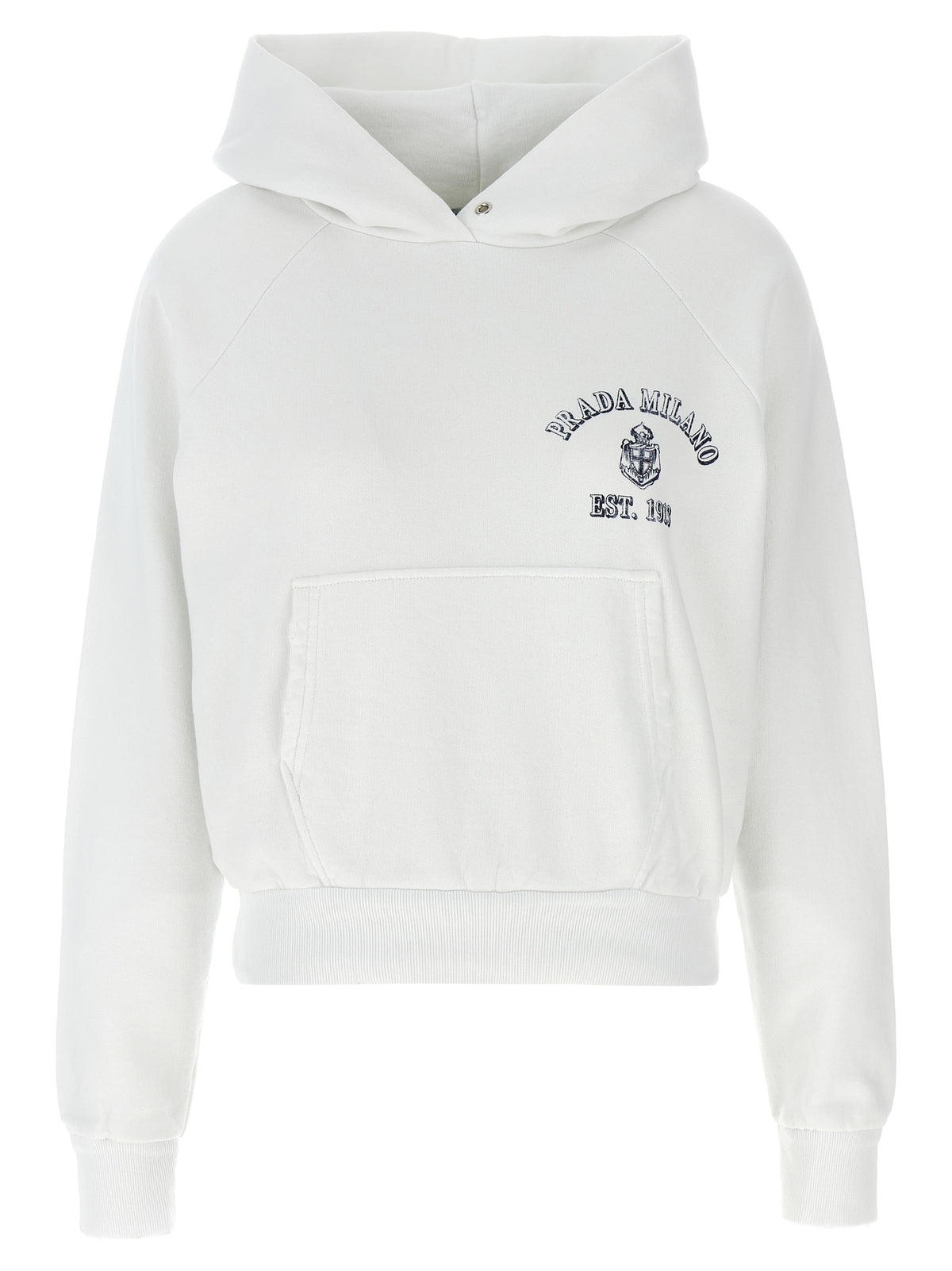 Prada White 100% Cotton Gauze Hoodie – Vintage Logo Print, Triangle Logo, Kangaroo Pocket, Romania