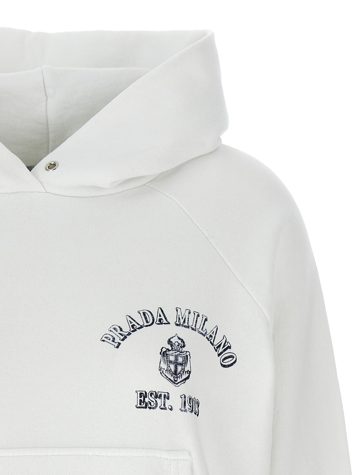 Prada White 100% Cotton Gauze Hoodie – Vintage Logo Print, Triangle Logo, Kangaroo Pocket, Romania