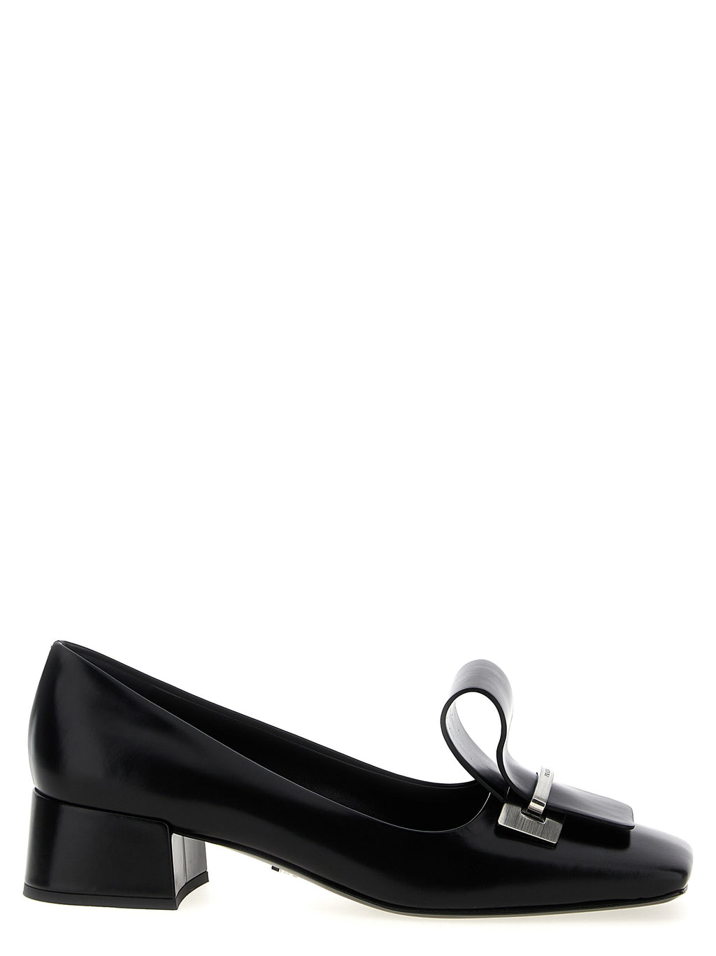 Prada Black Calfskin Brushed Square-Toe Mid-Heel Pumps – Metal Logo, Italy