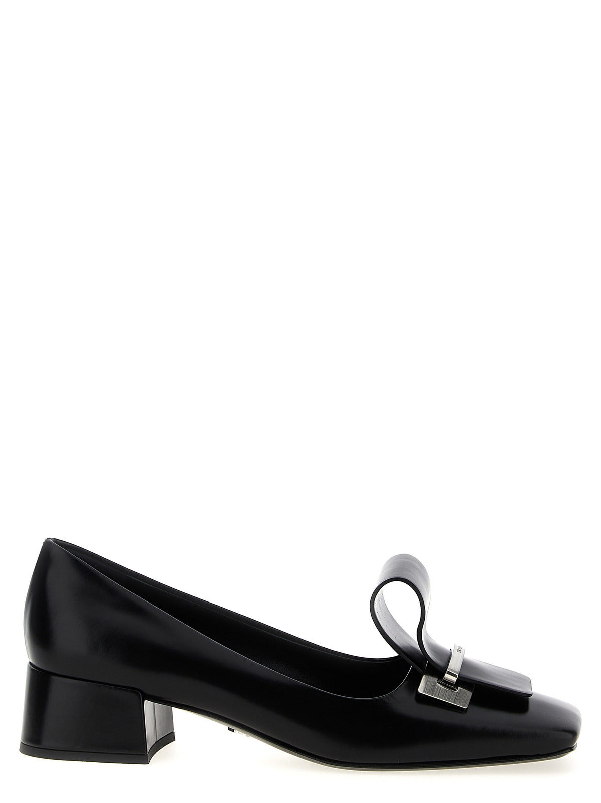 Prada Black Calfskin Brushed Square-Toe Mid-Heel Pumps – Metal Logo, Italy