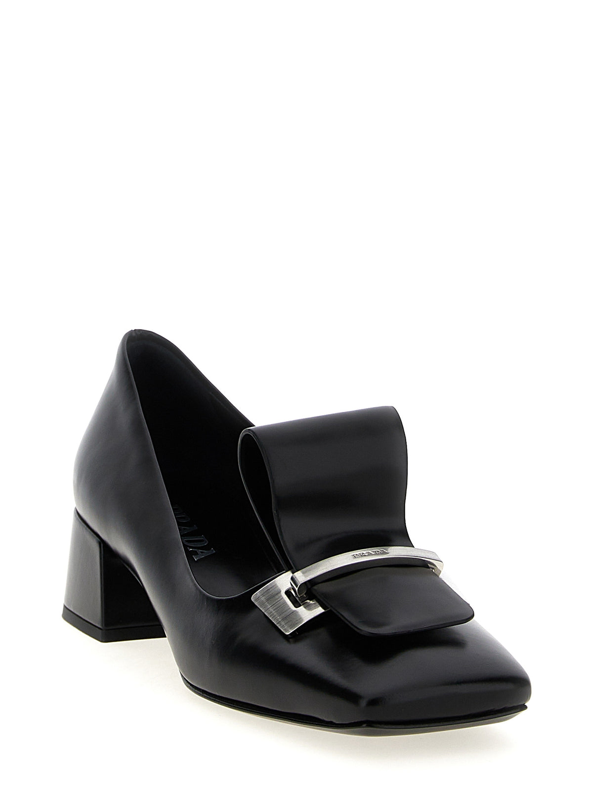 Prada Black Calfskin Brushed Square-Toe Mid-Heel Pumps – Metal Logo, Italy