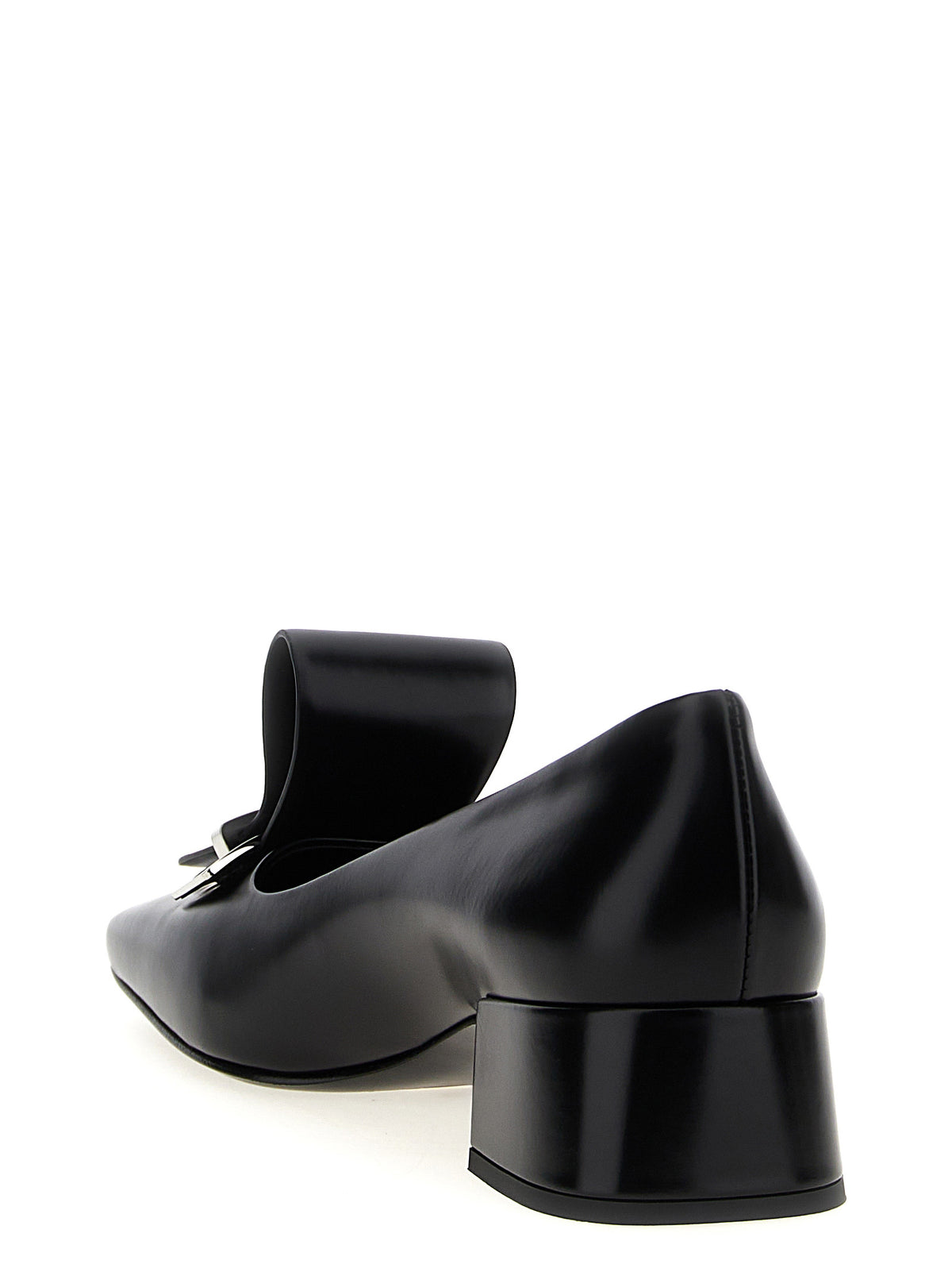 Prada Black Calfskin Brushed Square-Toe Mid-Heel Pumps – Metal Logo, Italy