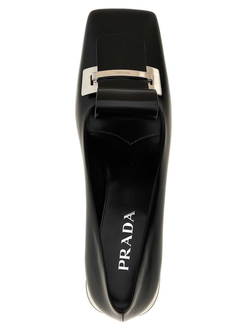 Prada Black Calfskin Brushed Square-Toe Mid-Heel Pumps – Metal Logo, Italy