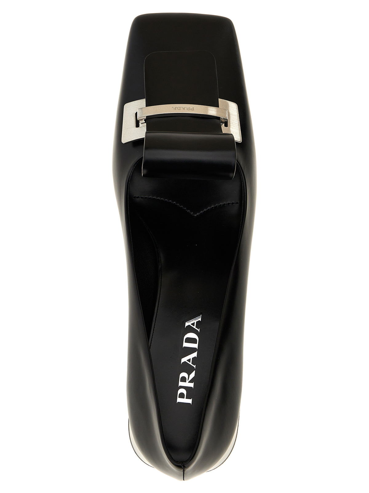 Prada Black Calfskin Brushed Square-Toe Mid-Heel Pumps – Metal Logo, Italy