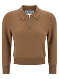 Prada Beige 100% Cashmere Polo – 3/4 Sleeves, Zip Collar, Triangle Logo Cutout at Back, Italy