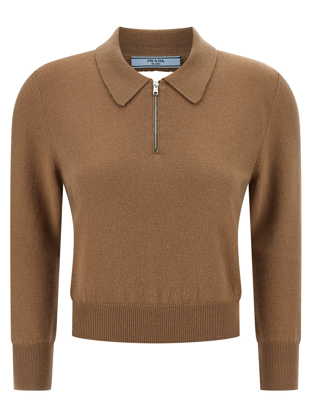 Prada Beige 100% Cashmere Polo – 3/4 Sleeves, Zip Collar, Triangle Logo Cutout at Back, Italy