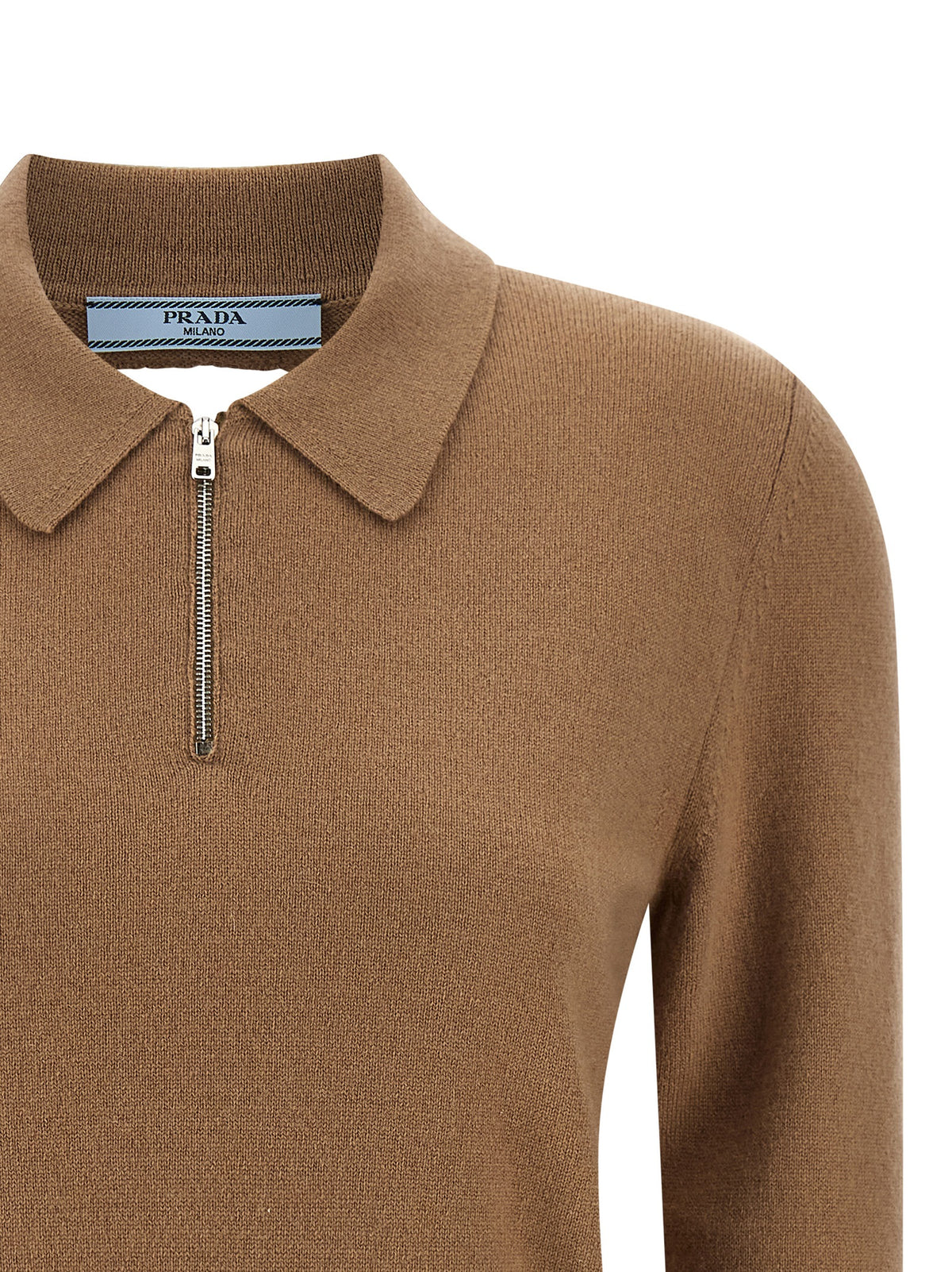 Prada Beige 100% Cashmere Polo – 3/4 Sleeves, Zip Collar, Triangle Logo Cutout at Back, Italy