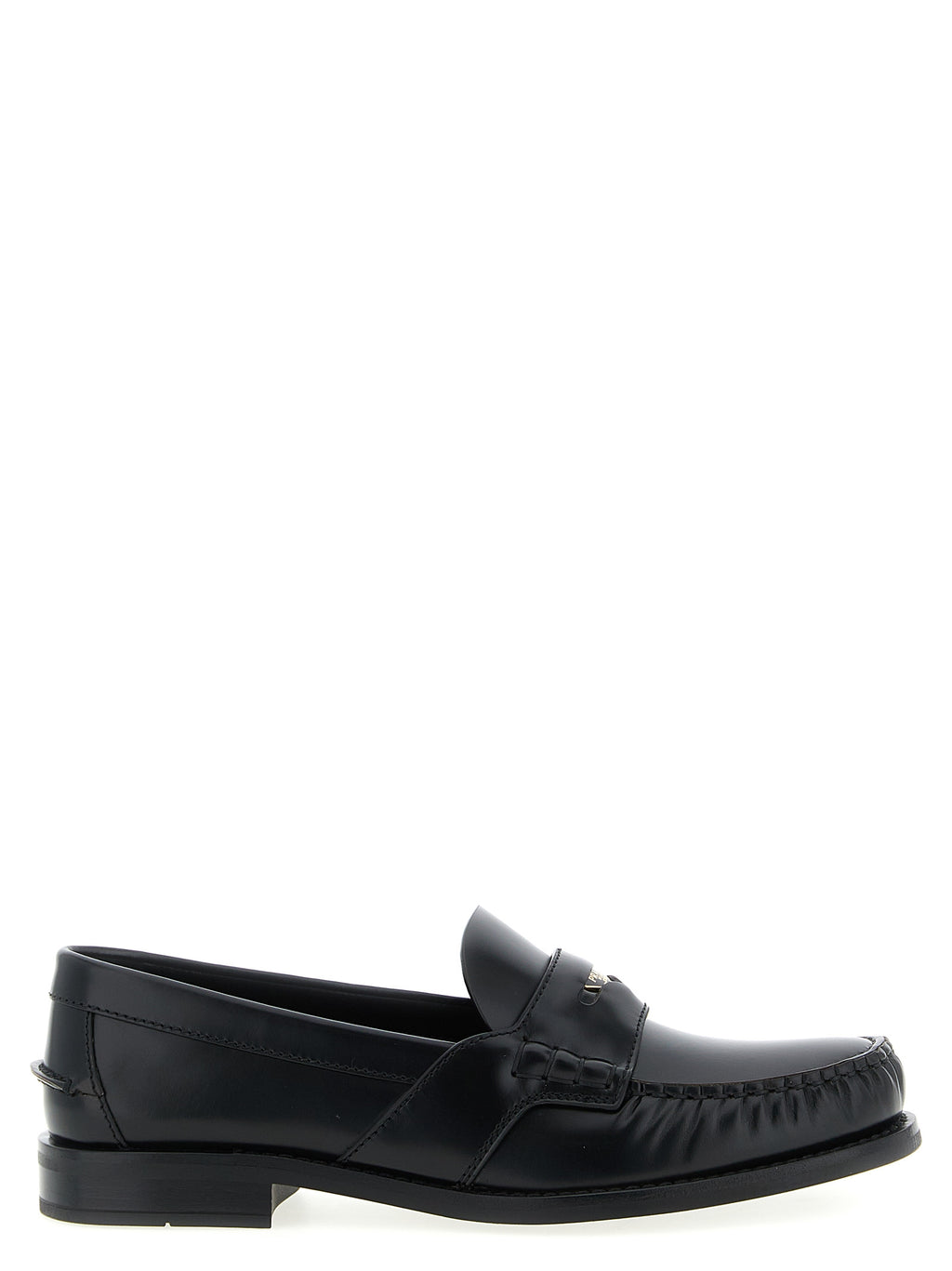 Prada Black Calfskin Scratched Loafers – Metal Logo, Curly Stitching, Leather Sole, Italian