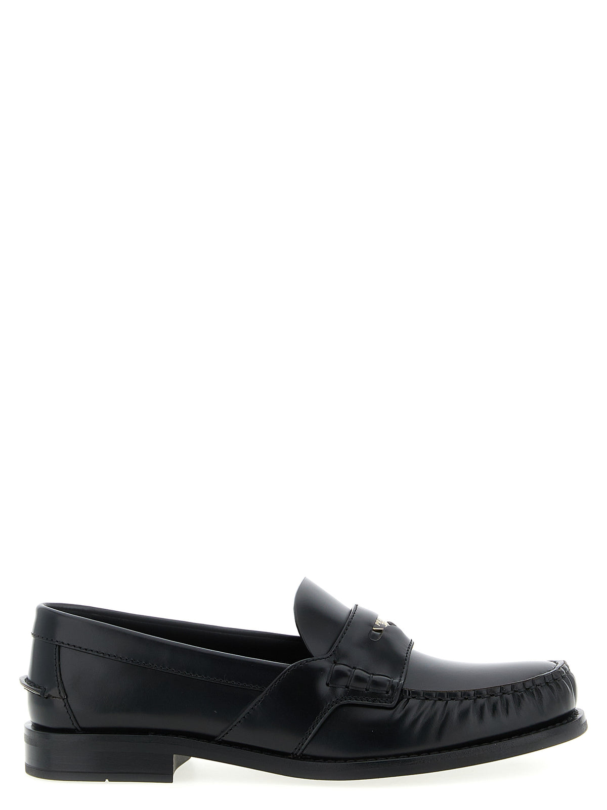 Prada Black Calfskin Scratched Loafers – Metal Logo, Curly Stitching, Leather Sole, Italian