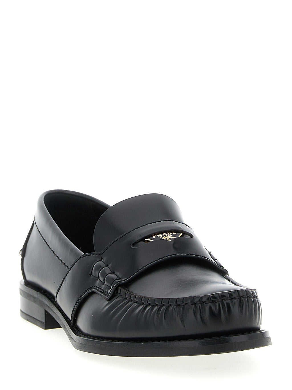 Prada Black Calfskin Scratched Loafers – Metal Logo, Curly Stitching, Leather Sole, Italian
