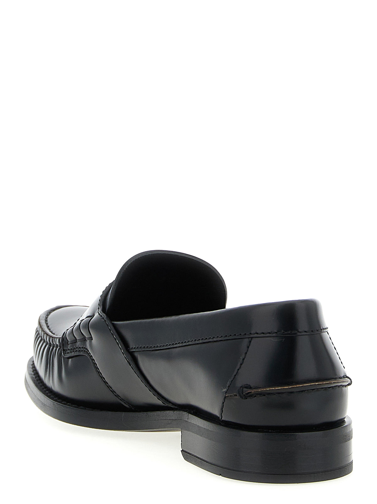Prada Black Calfskin Scratched Loafers – Metal Logo, Curly Stitching, Leather Sole, Italian