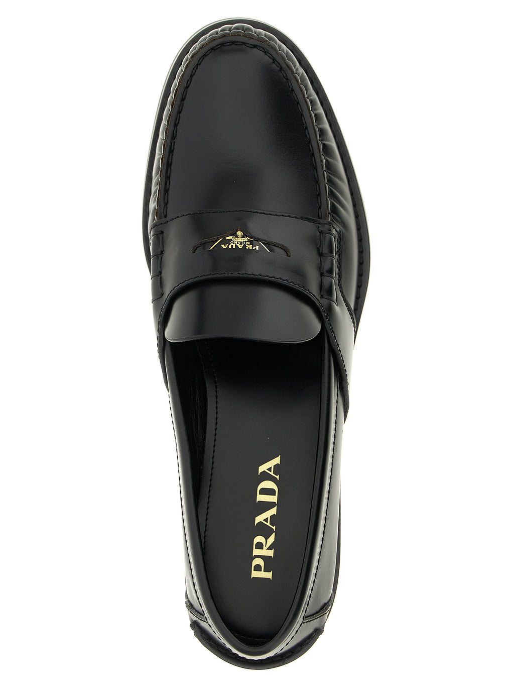 Prada Black Calfskin Scratched Loafers – Metal Logo, Curly Stitching, Leather Sole, Italian