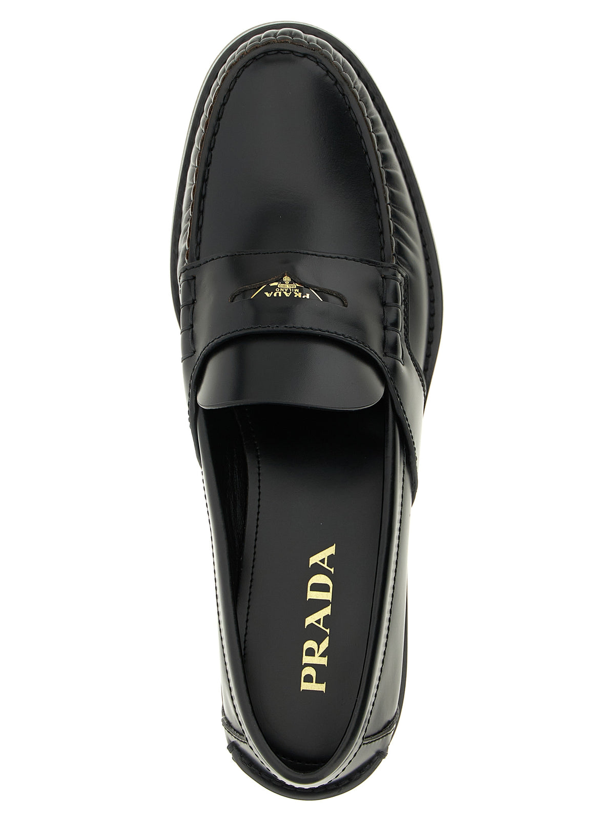Prada Black Calfskin Scratched Loafers – Metal Logo, Curly Stitching, Leather Sole, Italian