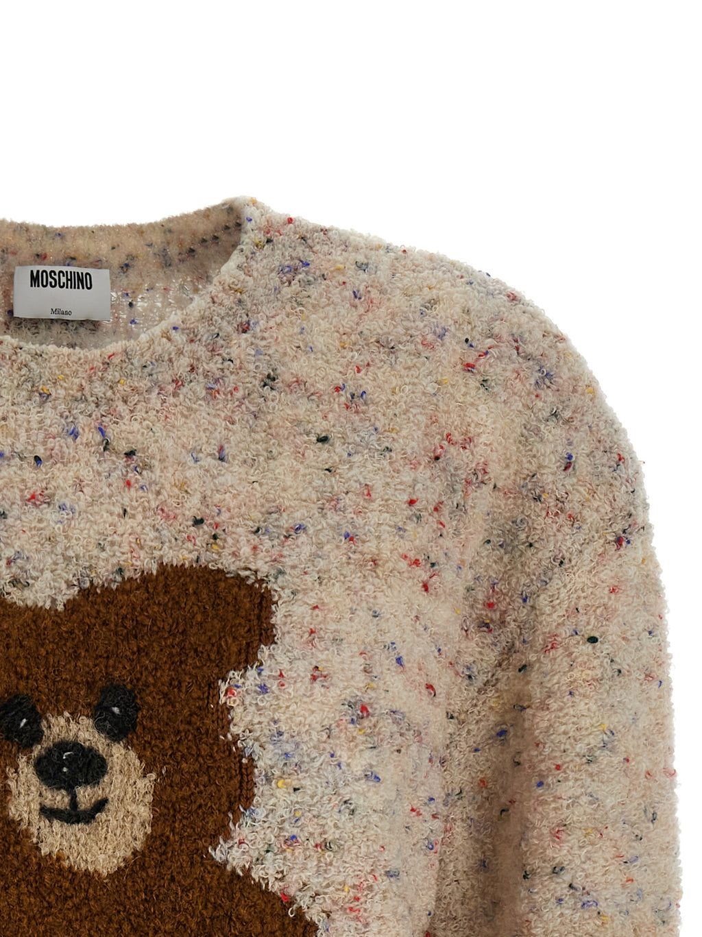 Moschino Multicolor 78% Virgin Wool Bouclé Sweater – Teddy Bear Intarsia, Mélange Effect, Italian