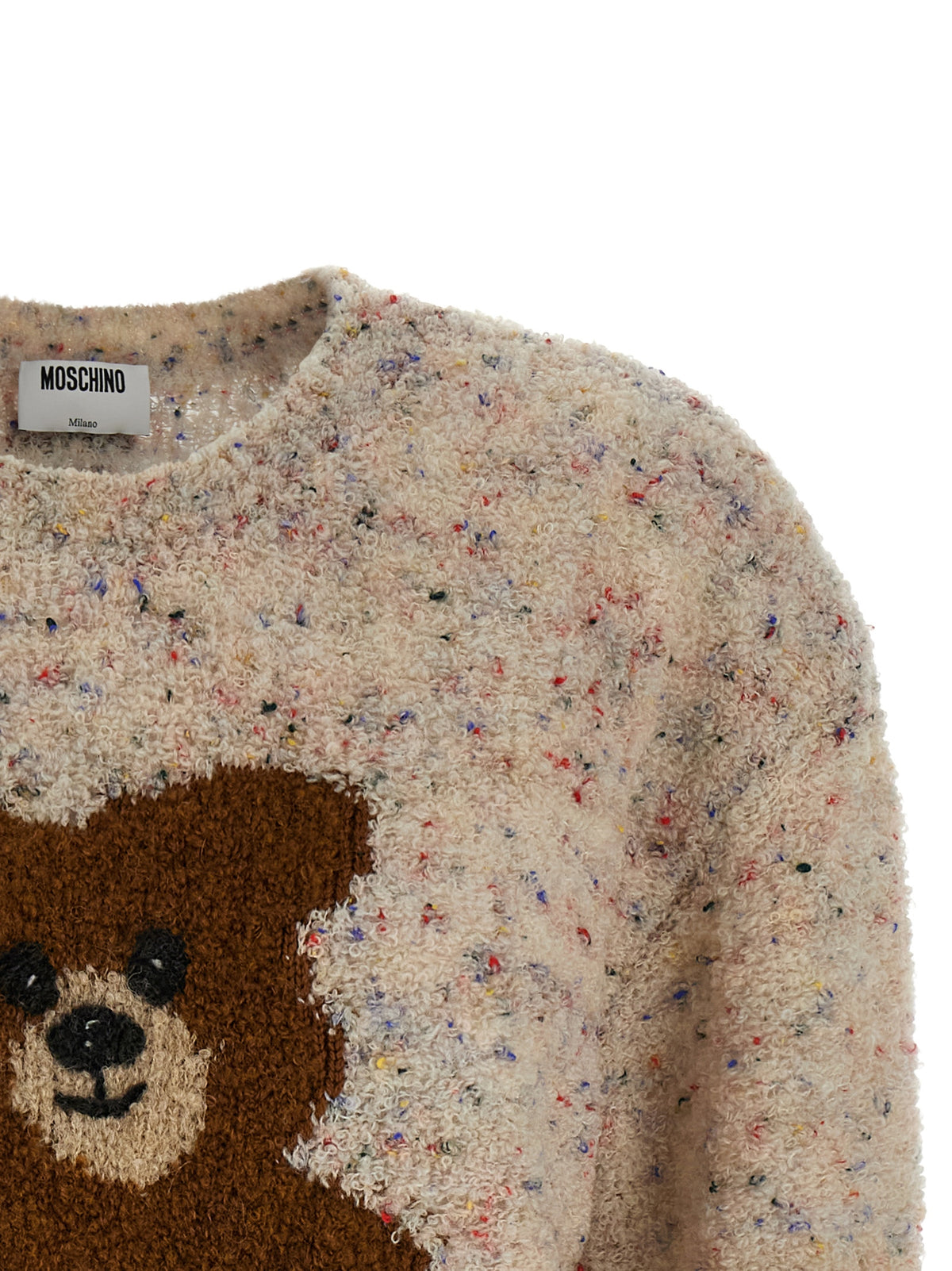 Moschino Multicolor 78% Virgin Wool Bouclé Sweater – Teddy Bear Intarsia, Mélange Effect, Italian