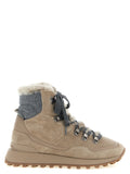 Brunello Cucinelli Beige Suede Ankle Boots – Lace-Up, Grey Felt Collar, Dark Metal D-Ring, Rubber Tank Sole, Italian