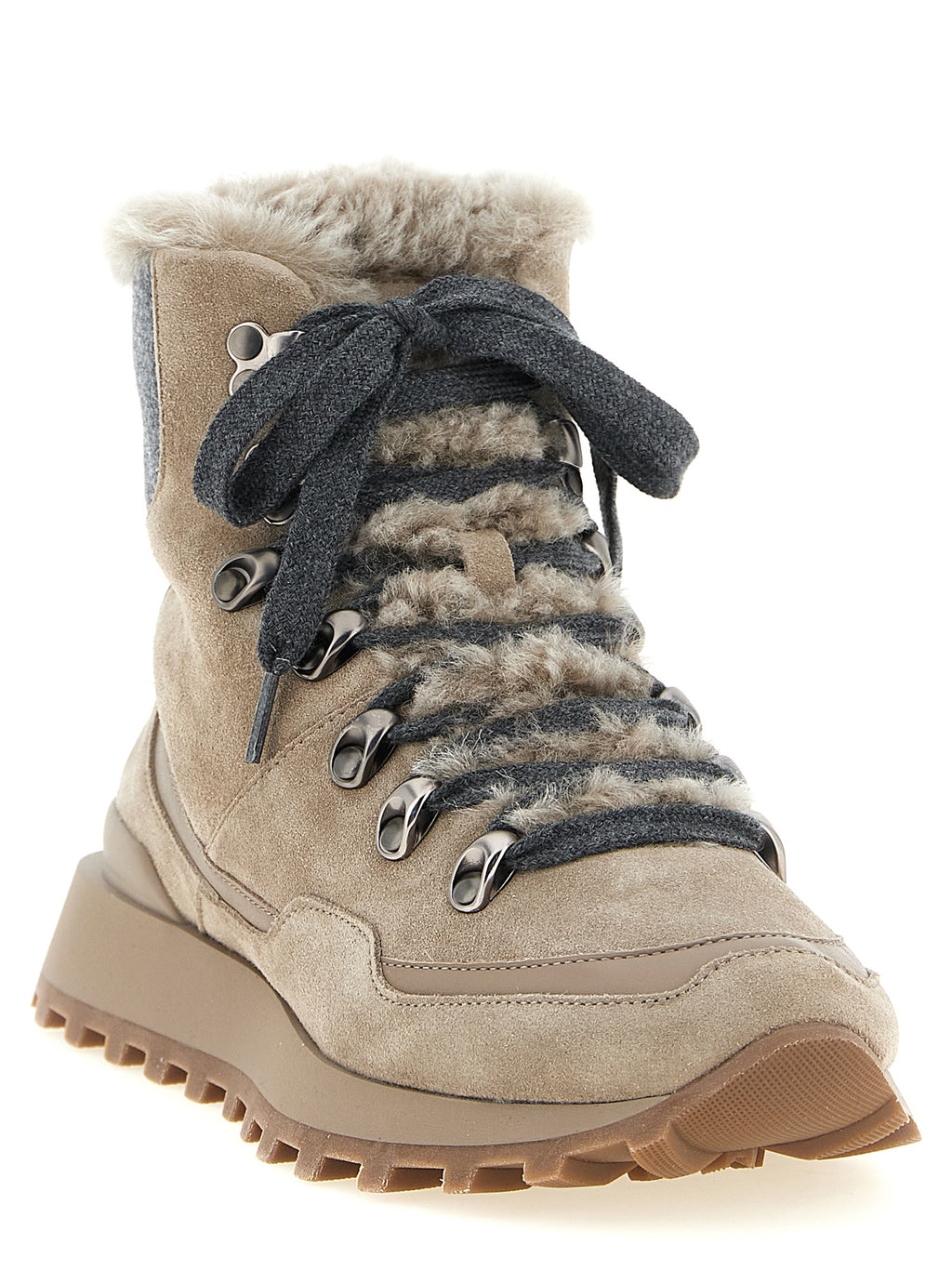Brunello Cucinelli Beige Suede Ankle Boots – Lace-Up, Grey Felt Collar, Dark Metal D-Ring, Rubber Tank Sole, Italian